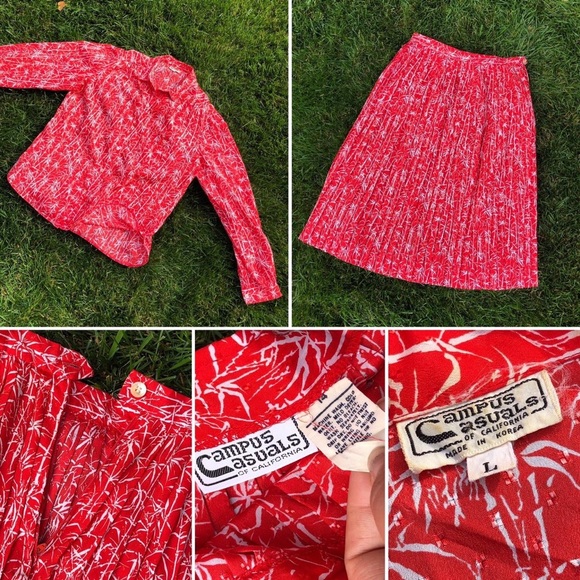 VTG 70s Silky Long Sleeve Blouse and Pleated Skirt Set in Red and White Bamboo - Picture 4 of 4